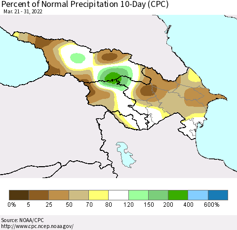 Azerbaijan, Armenia and Georgia Percent of Normal Precipitation 10-Day (CPC) Thematic Map For 3/21/2022 - 3/31/2022