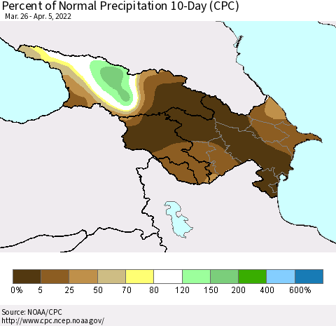 Azerbaijan, Armenia and Georgia Percent of Normal Precipitation 10-Day (CPC) Thematic Map For 3/26/2022 - 4/5/2022