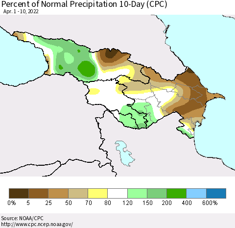 Azerbaijan, Armenia and Georgia Percent of Normal Precipitation 10-Day (CPC) Thematic Map For 4/1/2022 - 4/10/2022