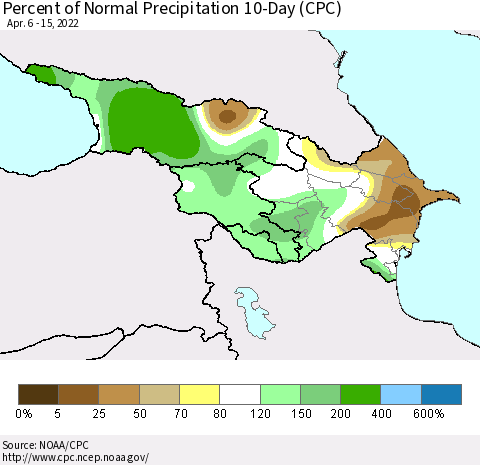 Azerbaijan, Armenia and Georgia Percent of Normal Precipitation 10-Day (CPC) Thematic Map For 4/6/2022 - 4/15/2022