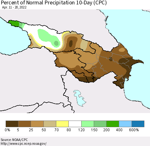 Azerbaijan, Armenia and Georgia Percent of Normal Precipitation 10-Day (CPC) Thematic Map For 4/11/2022 - 4/20/2022