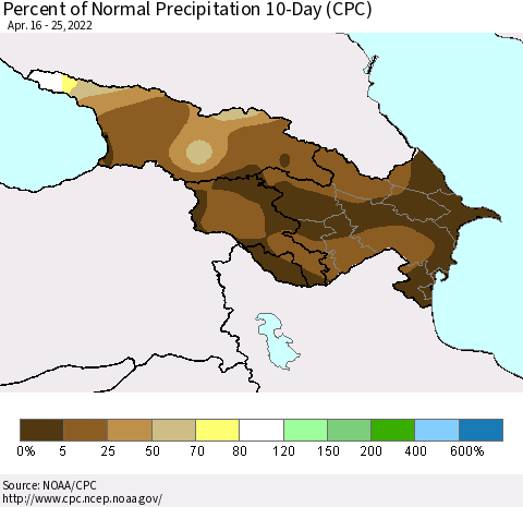Azerbaijan, Armenia and Georgia Percent of Normal Precipitation 10-Day (CPC) Thematic Map For 4/16/2022 - 4/25/2022