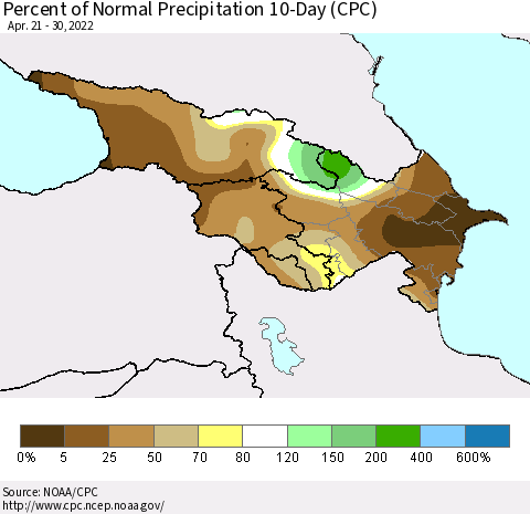 Azerbaijan, Armenia and Georgia Percent of Normal Precipitation 10-Day (CPC) Thematic Map For 4/21/2022 - 4/30/2022