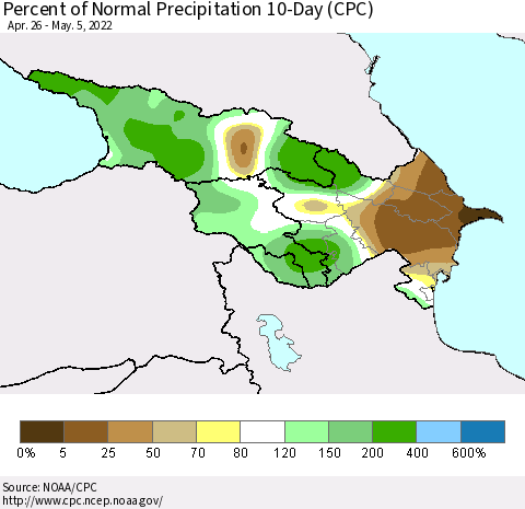 Azerbaijan, Armenia and Georgia Percent of Normal Precipitation 10-Day (CPC) Thematic Map For 4/26/2022 - 5/5/2022