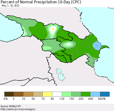 Azerbaijan, Armenia and Georgia Percent of Normal Precipitation 10-Day (CPC) Thematic Map For 5/1/2022 - 5/10/2022
