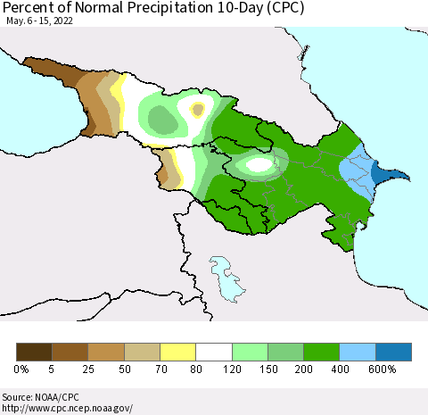 Azerbaijan, Armenia and Georgia Percent of Normal Precipitation 10-Day (CPC) Thematic Map For 5/6/2022 - 5/15/2022
