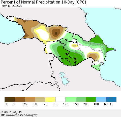 Azerbaijan, Armenia and Georgia Percent of Normal Precipitation 10-Day (CPC) Thematic Map For 5/11/2022 - 5/20/2022
