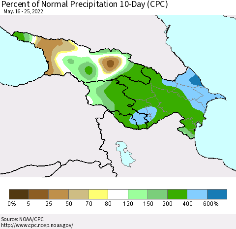 Azerbaijan, Armenia and Georgia Percent of Normal Precipitation 10-Day (CPC) Thematic Map For 5/16/2022 - 5/25/2022