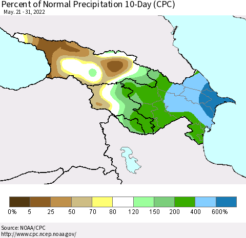 Azerbaijan, Armenia and Georgia Percent of Normal Precipitation 10-Day (CPC) Thematic Map For 5/21/2022 - 5/31/2022