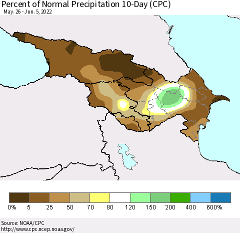 Azerbaijan, Armenia and Georgia Percent of Normal Precipitation 10-Day (CPC) Thematic Map For 5/26/2022 - 6/5/2022