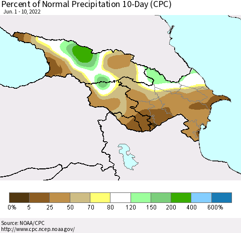 Azerbaijan, Armenia and Georgia Percent of Normal Precipitation 10-Day (CPC) Thematic Map For 6/1/2022 - 6/10/2022