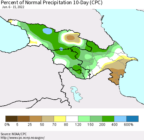 Azerbaijan, Armenia and Georgia Percent of Normal Precipitation 10-Day (CPC) Thematic Map For 6/6/2022 - 6/15/2022