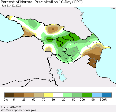Azerbaijan, Armenia and Georgia Percent of Normal Precipitation 10-Day (CPC) Thematic Map For 6/11/2022 - 6/20/2022
