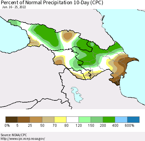 Azerbaijan, Armenia and Georgia Percent of Normal Precipitation 10-Day (CPC) Thematic Map For 6/16/2022 - 6/25/2022