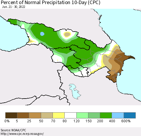 Azerbaijan, Armenia and Georgia Percent of Normal Precipitation 10-Day (CPC) Thematic Map For 6/21/2022 - 6/30/2022