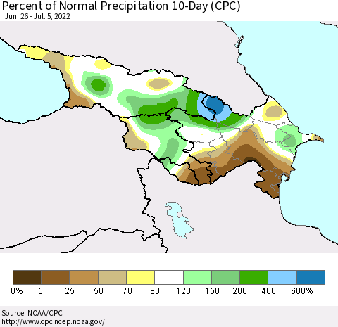 Azerbaijan, Armenia and Georgia Percent of Normal Precipitation 10-Day (CPC) Thematic Map For 6/26/2022 - 7/5/2022