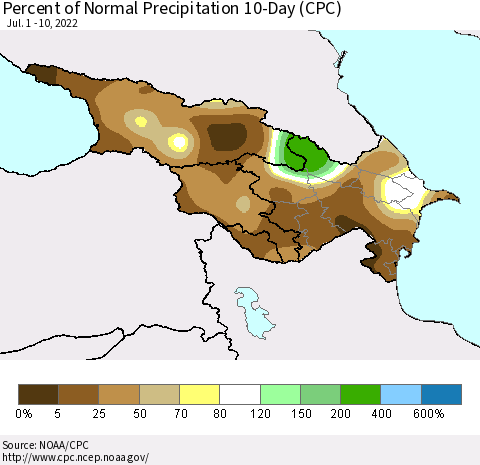 Azerbaijan, Armenia and Georgia Percent of Normal Precipitation 10-Day (CPC) Thematic Map For 7/1/2022 - 7/10/2022