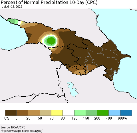 Azerbaijan, Armenia and Georgia Percent of Normal Precipitation 10-Day (CPC) Thematic Map For 7/6/2022 - 7/15/2022