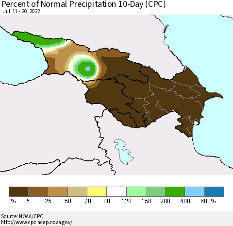 Azerbaijan, Armenia and Georgia Percent of Normal Precipitation 10-Day (CPC) Thematic Map For 7/11/2022 - 7/20/2022