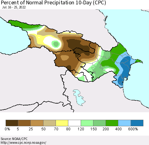 Azerbaijan, Armenia and Georgia Percent of Normal Precipitation 10-Day (CPC) Thematic Map For 7/16/2022 - 7/25/2022