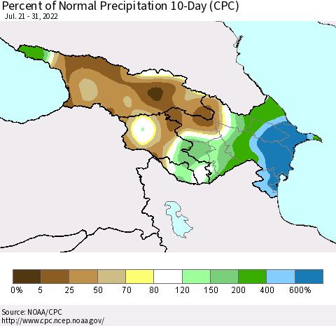 Azerbaijan, Armenia and Georgia Percent of Normal Precipitation 10-Day (CPC) Thematic Map For 7/21/2022 - 7/31/2022