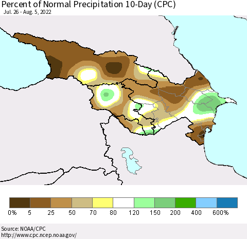 Azerbaijan, Armenia and Georgia Percent of Normal Precipitation 10-Day (CPC) Thematic Map For 7/26/2022 - 8/5/2022