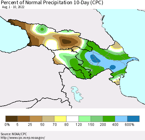 Azerbaijan, Armenia and Georgia Percent of Normal Precipitation 10-Day (CPC) Thematic Map For 8/1/2022 - 8/10/2022