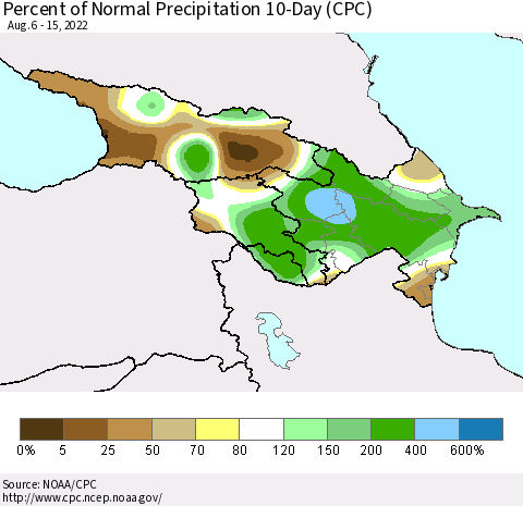 Azerbaijan, Armenia and Georgia Percent of Normal Precipitation 10-Day (CPC) Thematic Map For 8/6/2022 - 8/15/2022