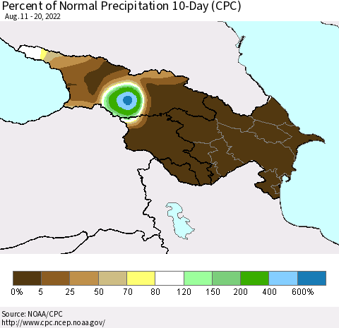 Azerbaijan, Armenia and Georgia Percent of Normal Precipitation 10-Day (CPC) Thematic Map For 8/11/2022 - 8/20/2022