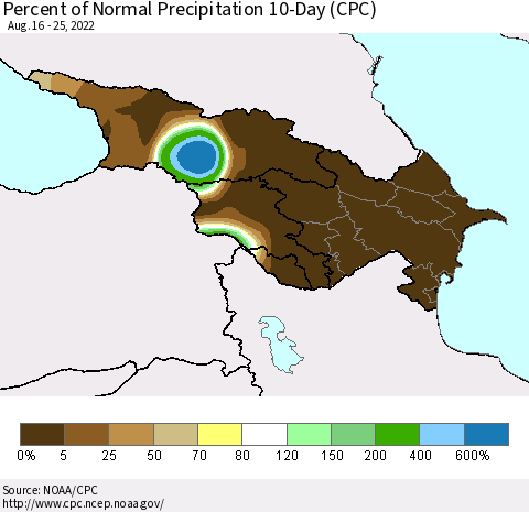 Azerbaijan, Armenia and Georgia Percent of Normal Precipitation 10-Day (CPC) Thematic Map For 8/16/2022 - 8/25/2022