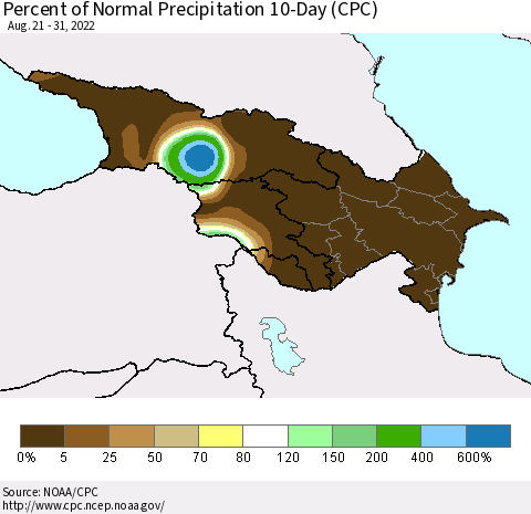 Azerbaijan, Armenia and Georgia Percent of Normal Precipitation 10-Day (CPC) Thematic Map For 8/21/2022 - 8/31/2022