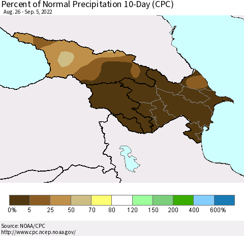 Azerbaijan, Armenia and Georgia Percent of Normal Precipitation 10-Day (CPC) Thematic Map For 8/26/2022 - 9/5/2022