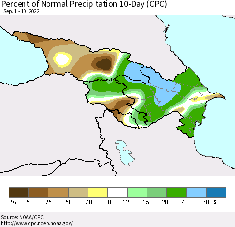 Azerbaijan, Armenia and Georgia Percent of Normal Precipitation 10-Day (CPC) Thematic Map For 9/1/2022 - 9/10/2022