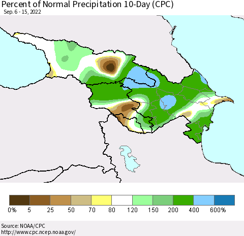 Azerbaijan, Armenia and Georgia Percent of Normal Precipitation 10-Day (CPC) Thematic Map For 9/6/2022 - 9/15/2022