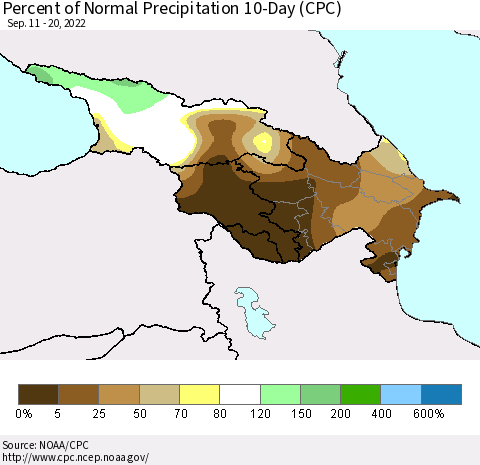 Azerbaijan, Armenia and Georgia Percent of Normal Precipitation 10-Day (CPC) Thematic Map For 9/11/2022 - 9/20/2022