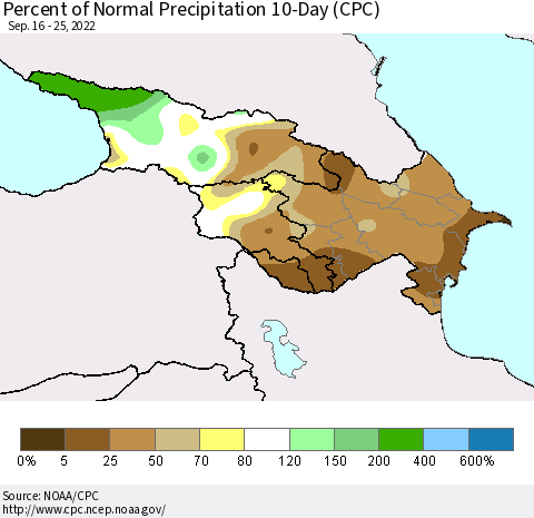 Azerbaijan, Armenia and Georgia Percent of Normal Precipitation 10-Day (CPC) Thematic Map For 9/16/2022 - 9/25/2022