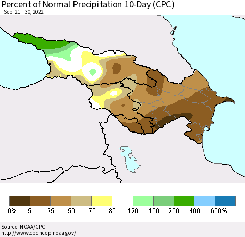 Azerbaijan, Armenia and Georgia Percent of Normal Precipitation 10-Day (CPC) Thematic Map For 9/21/2022 - 9/30/2022