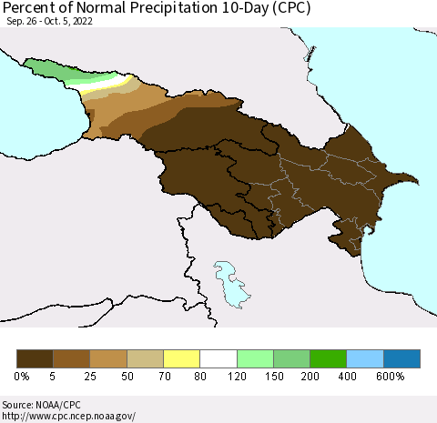 Azerbaijan, Armenia and Georgia Percent of Normal Precipitation 10-Day (CPC) Thematic Map For 9/26/2022 - 10/5/2022