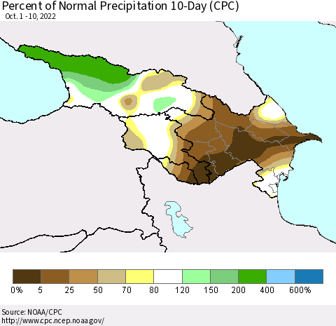 Azerbaijan, Armenia and Georgia Percent of Normal Precipitation 10-Day (CPC) Thematic Map For 10/1/2022 - 10/10/2022