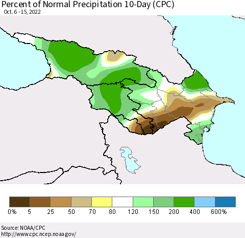 Azerbaijan, Armenia and Georgia Percent of Normal Precipitation 10-Day (CPC) Thematic Map For 10/6/2022 - 10/15/2022