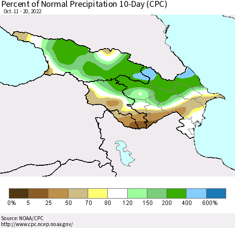 Azerbaijan, Armenia and Georgia Percent of Normal Precipitation 10-Day (CPC) Thematic Map For 10/11/2022 - 10/20/2022