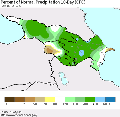 Azerbaijan, Armenia and Georgia Percent of Normal Precipitation 10-Day (CPC) Thematic Map For 10/16/2022 - 10/25/2022