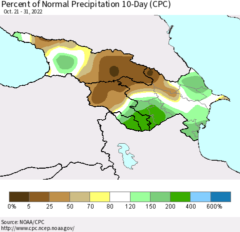 Azerbaijan, Armenia and Georgia Percent of Normal Precipitation 10-Day (CPC) Thematic Map For 10/21/2022 - 10/31/2022