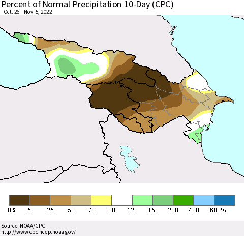 Azerbaijan, Armenia and Georgia Percent of Normal Precipitation 10-Day (CPC) Thematic Map For 10/26/2022 - 11/5/2022