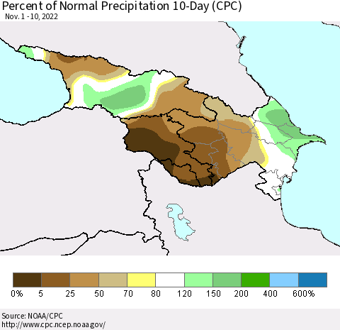 Azerbaijan, Armenia and Georgia Percent of Normal Precipitation 10-Day (CPC) Thematic Map For 11/1/2022 - 11/10/2022