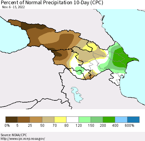 Azerbaijan, Armenia and Georgia Percent of Normal Precipitation 10-Day (CPC) Thematic Map For 11/6/2022 - 11/15/2022
