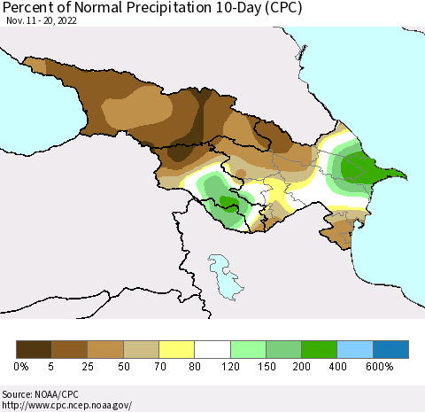 Azerbaijan, Armenia and Georgia Percent of Normal Precipitation 10-Day (CPC) Thematic Map For 11/11/2022 - 11/20/2022