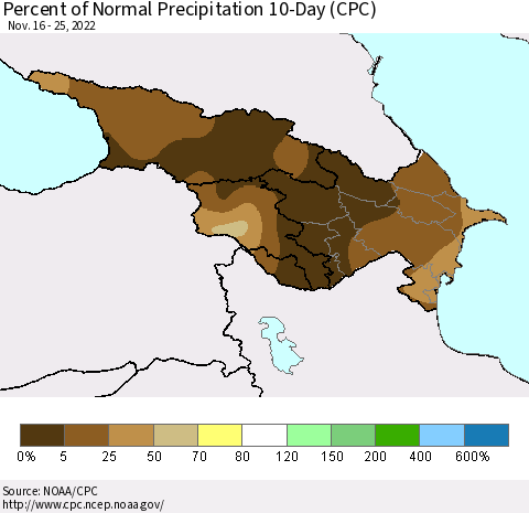Azerbaijan, Armenia and Georgia Percent of Normal Precipitation 10-Day (CPC) Thematic Map For 11/16/2022 - 11/25/2022