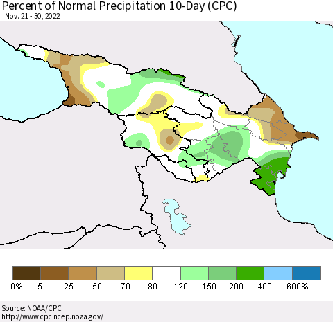 Azerbaijan, Armenia and Georgia Percent of Normal Precipitation 10-Day (CPC) Thematic Map For 11/21/2022 - 11/30/2022