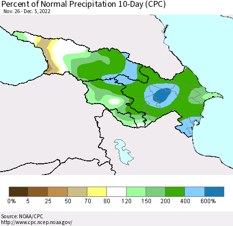 Azerbaijan, Armenia and Georgia Percent of Normal Precipitation 10-Day (CPC) Thematic Map For 11/26/2022 - 12/5/2022
